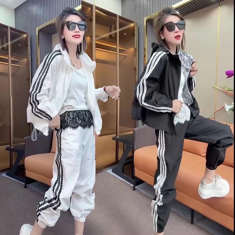 欧货2025春秋新款防晒薄款休闲运动服套装女拼接蕾丝束脚裤两件套