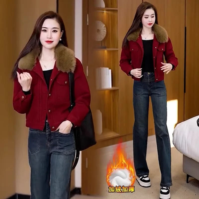 哥弟阿玛施正品女士加加厚牛仔外套冬季2025年新款小个子修