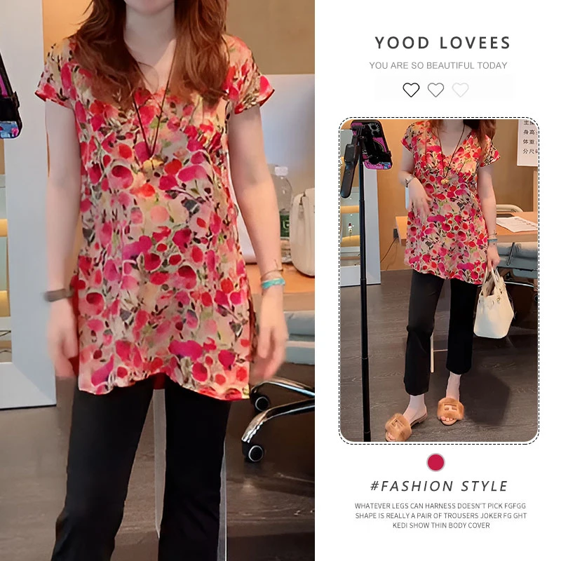 油画少女甜美纯欲花朵开叉短袖衬衫2026夏季新款气质显瘦中式上衣