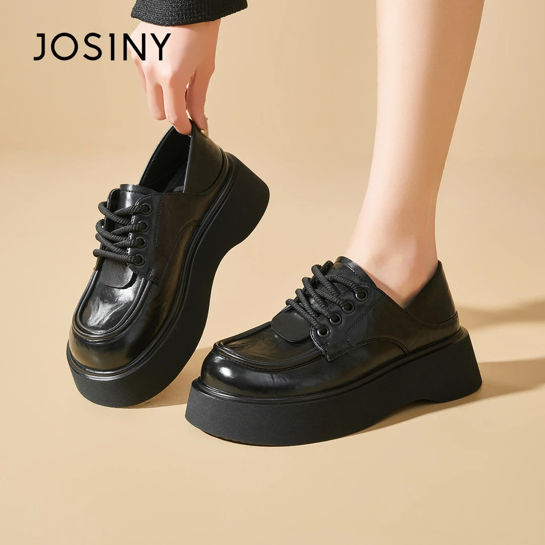 卓诗尼厚底小皮鞋2025新款小个子增高低帮系带时尚百搭轻奢乐福鞋
