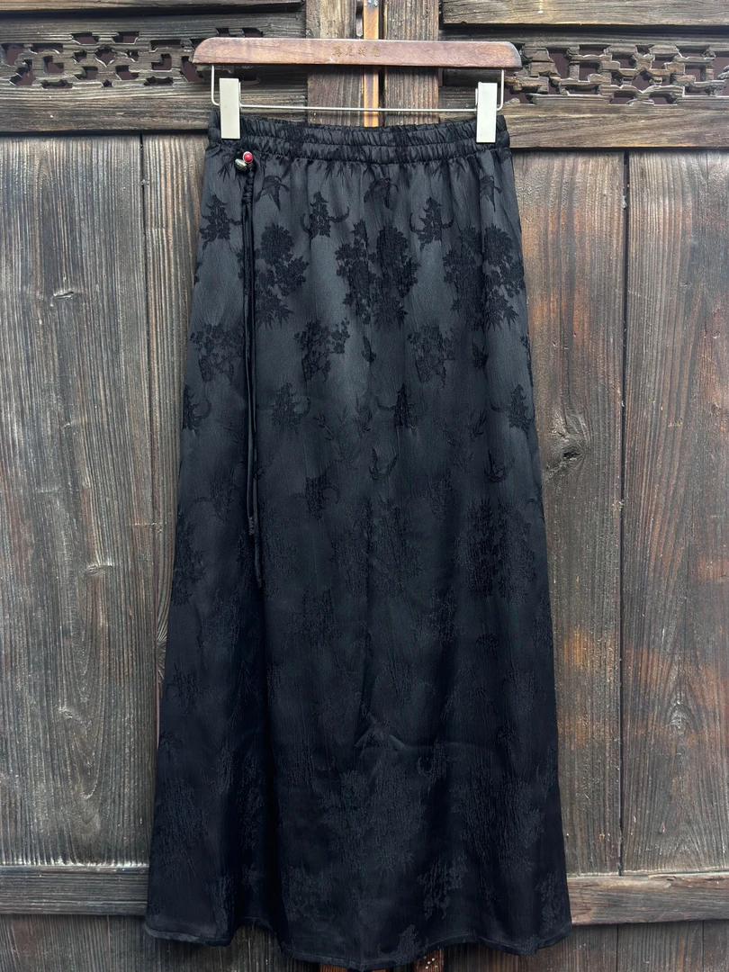 （再见时光）百搭中式宽松国风重工复古刺绣休闲半身裙