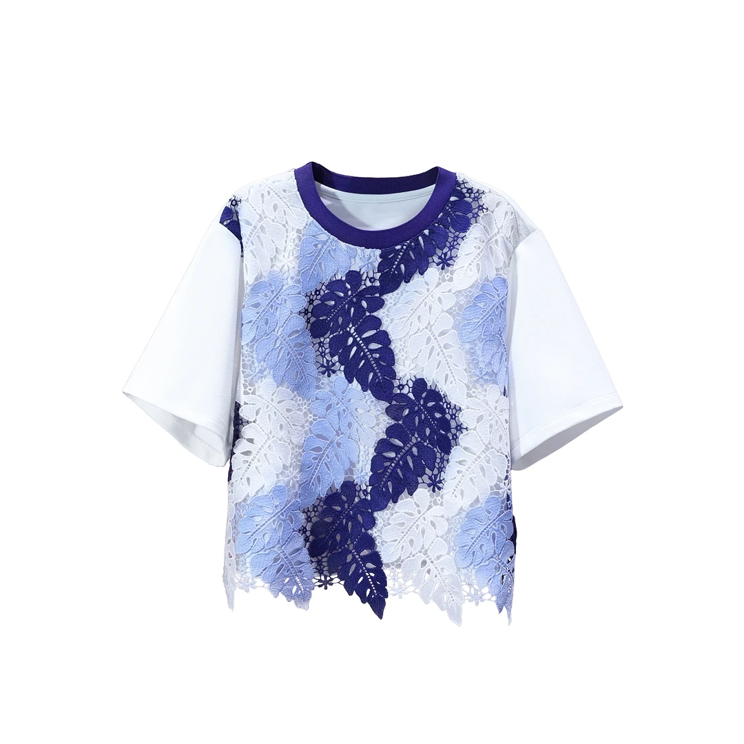 【韩哥女装】欧货小众设计师月光白拼接蕾丝短款T恤6891A