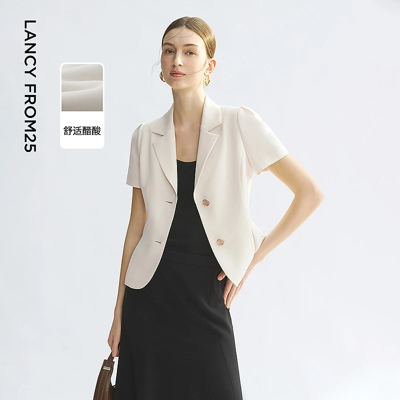 朗姿平驳领醋酸短袖商务西装外套黑白色ol西服2025年夏季新款