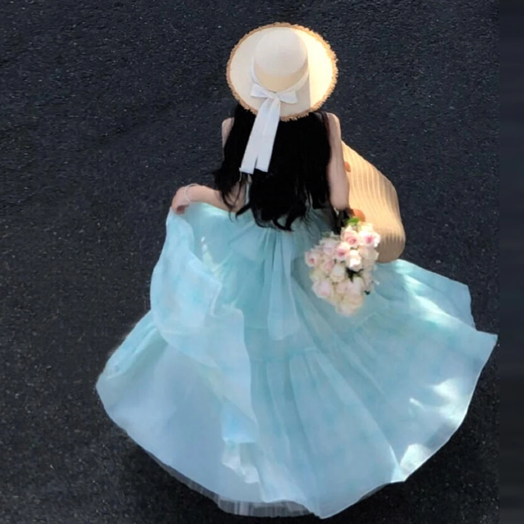 海边度假蓝色吊带高级感连衣裙子女夏2025新款黑色长款修身连衣裙