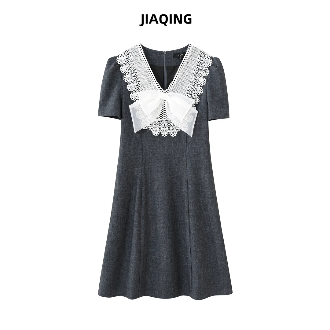 JIAQING 法式千金蝴蝶结蕾丝花边领连衣裙