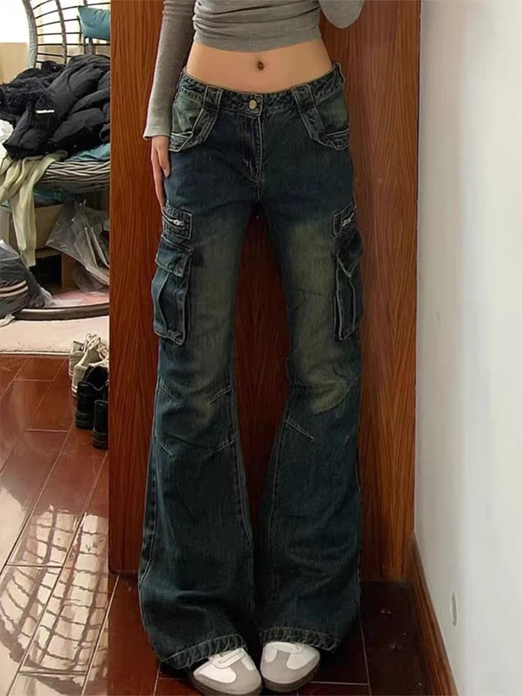 美式复古立体口袋工装牛仔裤女春季设计感辣妹低腰显瘦微喇叭裤子