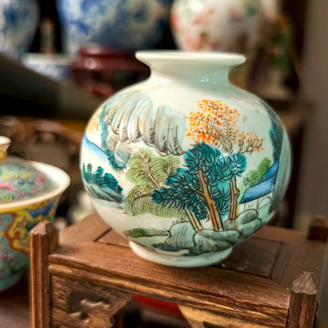 文玩收藏 文房用具 手绘粉彩水盂瓷器 笔筒 印泥盒