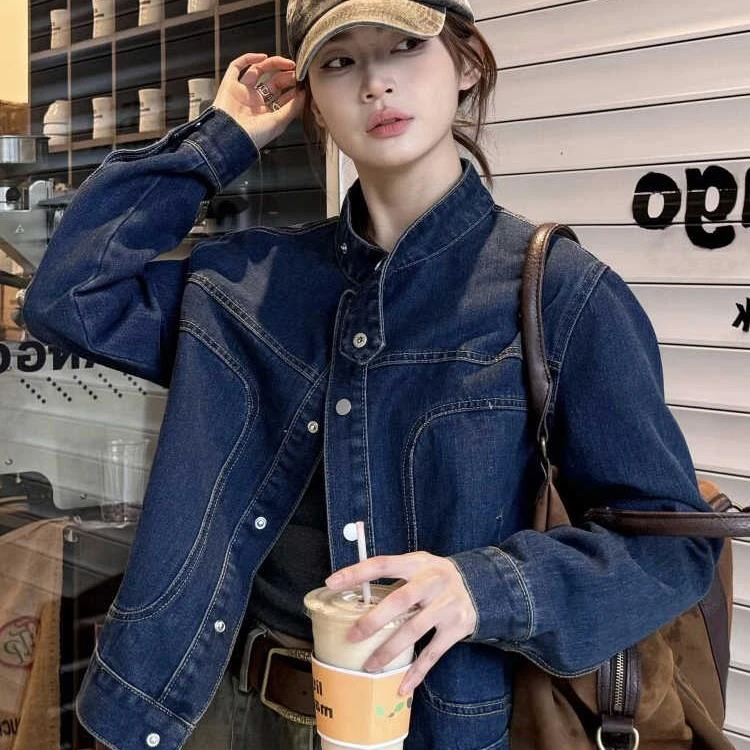 深蓝色韩版牛仔外套女春秋2025新款独特超好看宽松开衫小个子上衣