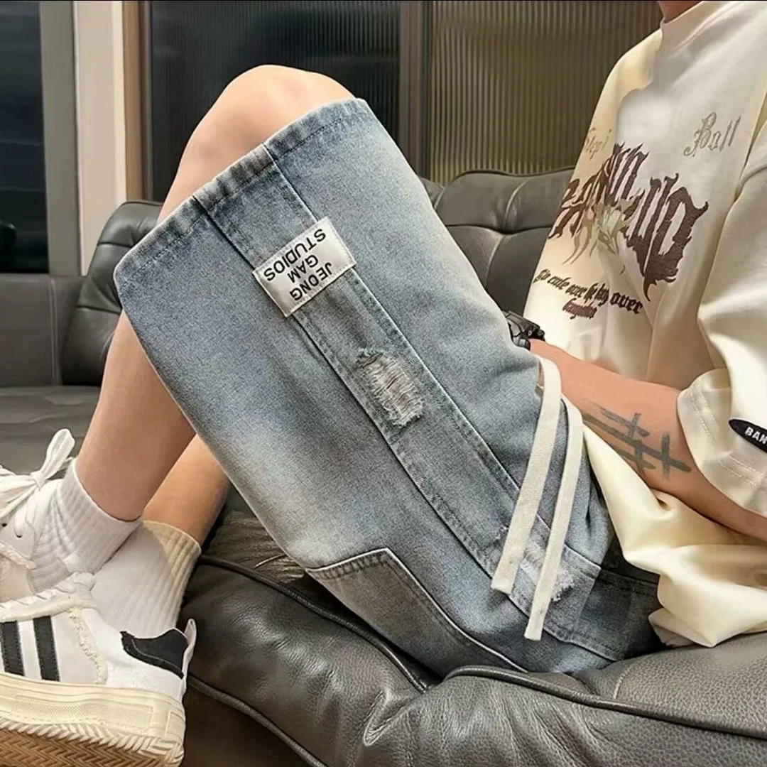 夏季薄款美式复古提花牛仔短裤男宽松直筒休闲潮流多巴胺五分裤子