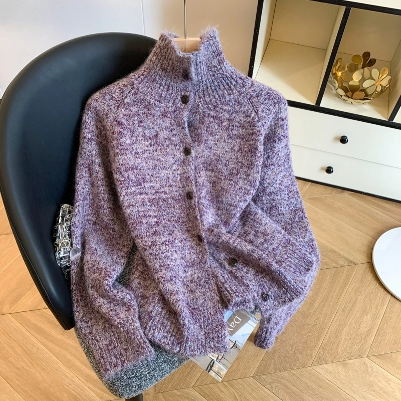 紫色高领慵懒风针织开衫女秋冬2025新款设计感时尚洋气宽松毛衣潮