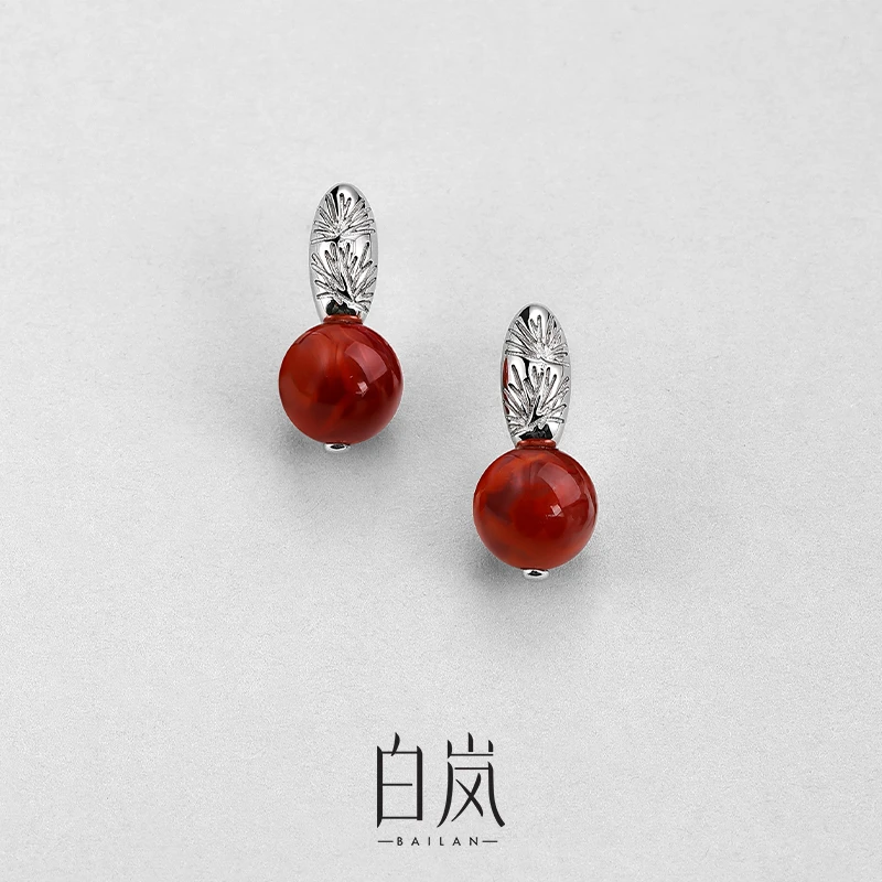 白岚旭松耳钉红玛瑙925银耳环耳饰女新款气质高级配饰ED4547