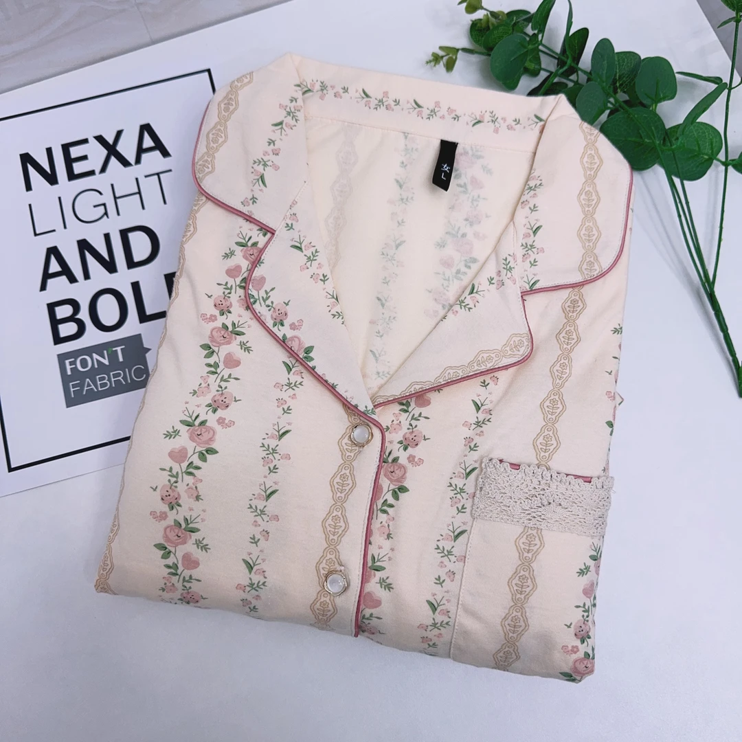 083#【短袖短裤+长裤带胸垫】夏季蔷薇花100纯棉女士睡衣套装家居服