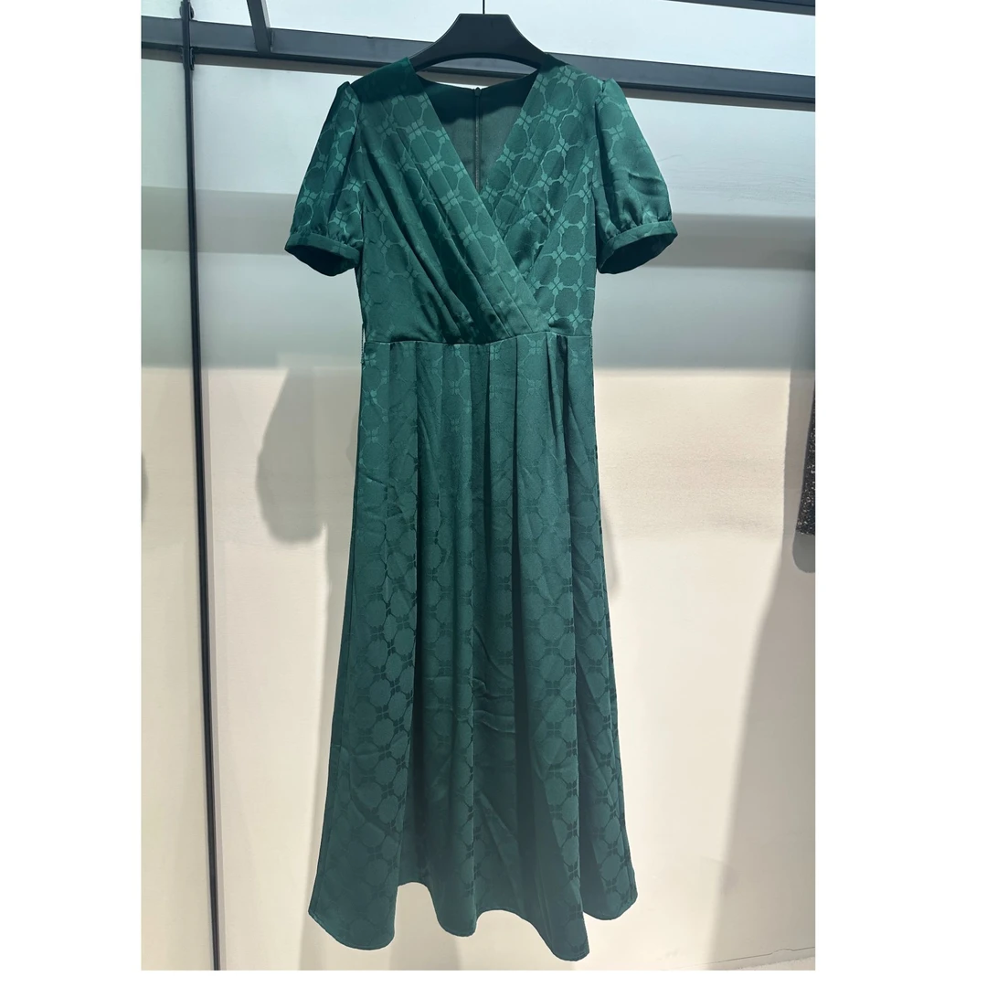 绿色暗格纹高腰长款连衣裙0155