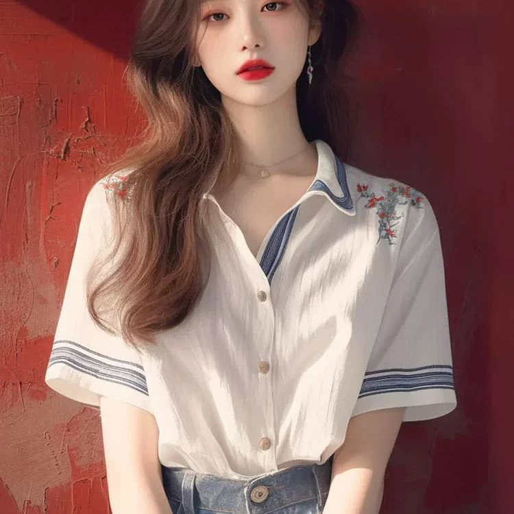 法式轻熟短袖衬衫女设计感小众夏季独特别致漂亮小衫宽松绝美上衣