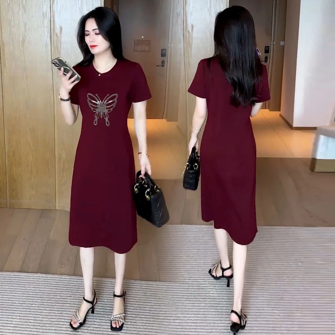 时尚连衣裙女2025夏季新款洋气显瘦蝴蝶烫钻休闲中长款T恤裙子潮