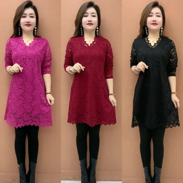 YH新款时尚气质显瘦V领长袖蕾丝中长款洋气打底衫女春秋