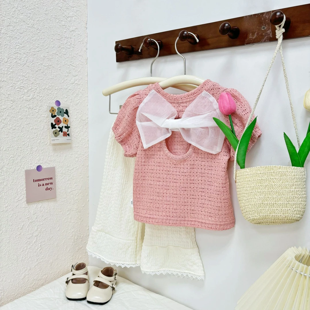 女童2025年夏款后背镂空蝴蝶结上衣米白喇叭裤套装洋气WL-X-B07