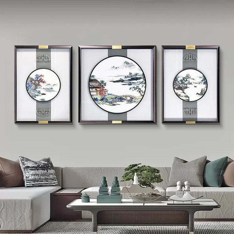 【苏绣坊】新中式客厅三联装饰画苏绣挂画高端实物画客厅背景墙挂画