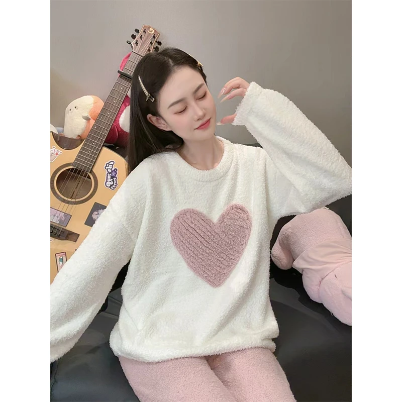 冬季新款爱心半边绒睡衣女宽松加绒保暖休闲家居服套装