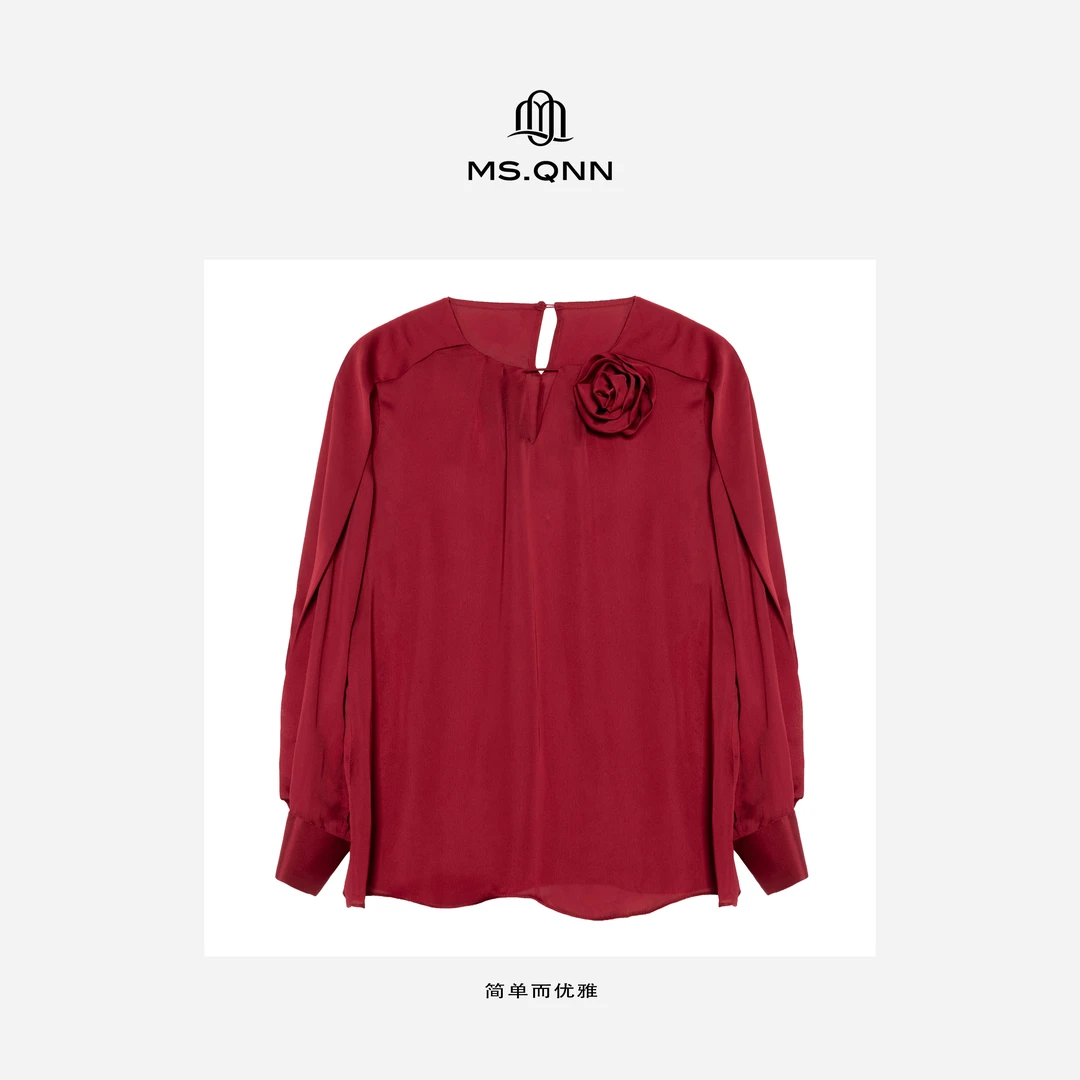 Ms.Qnn“大女主”时尚百搭气质深V立体花朵长袖女士上衣衬衫 36T270
