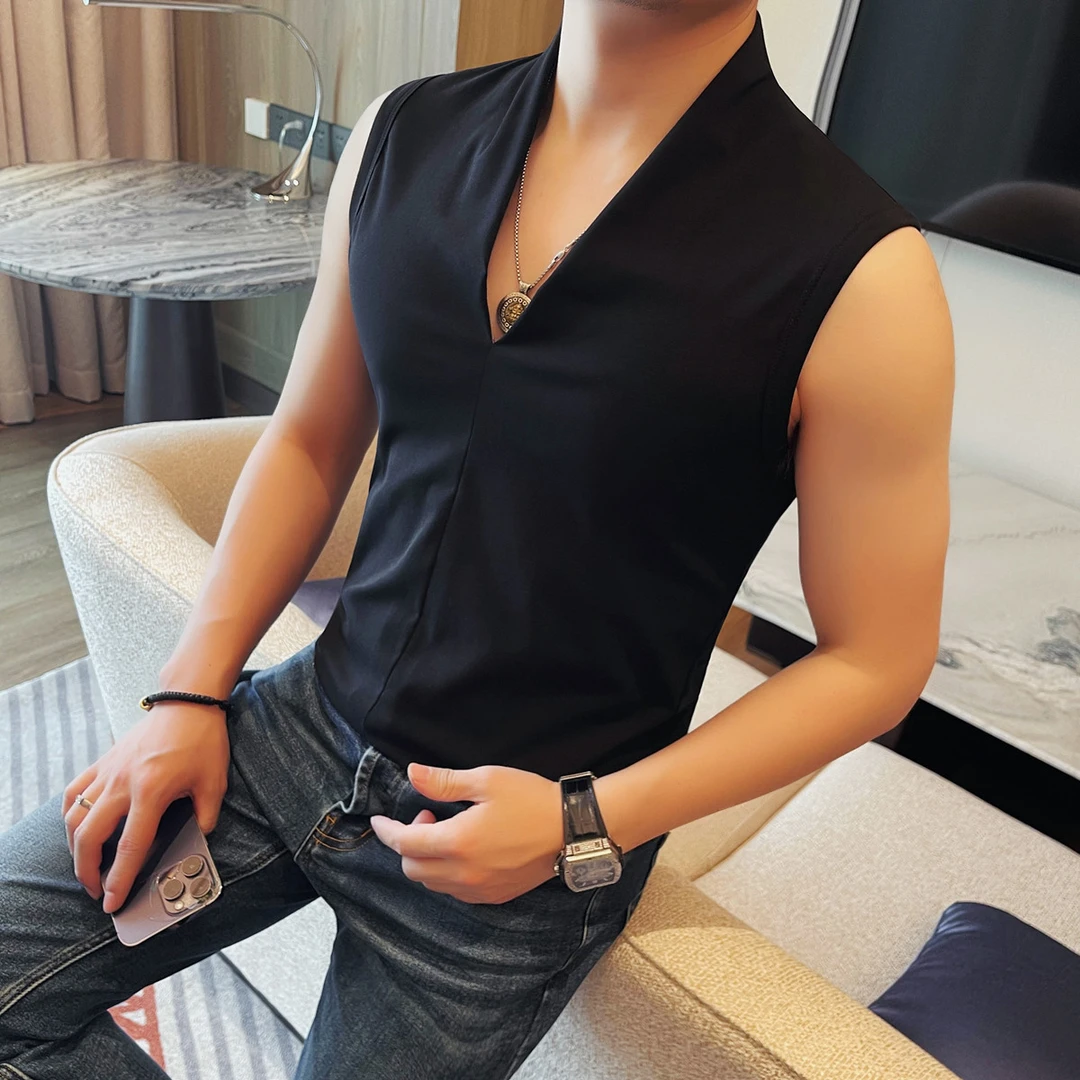 2025年夏季新款潮牌深V领无袖男士高品质背心时尚简约休闲T恤上衣