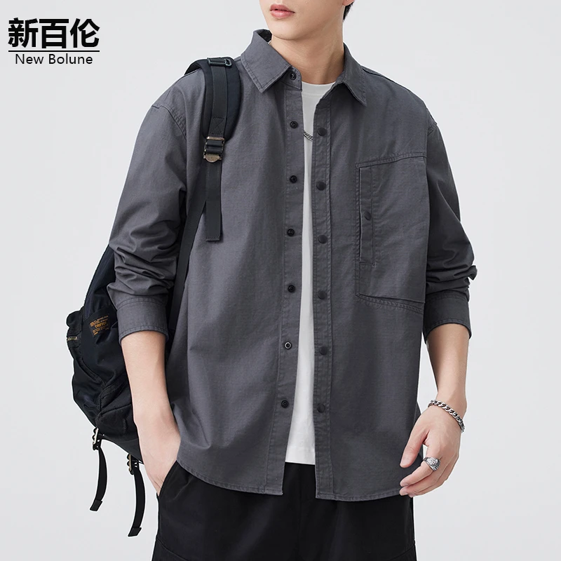 新百伦/NEW BOLUNE美式复古衬衣男秋季新款潮流宽松简约衬衫外套