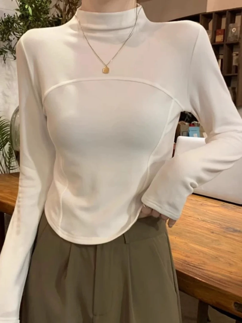 【秀宝女装】高级感温柔德绒长袖拼接半高领打底针织衫XB3681