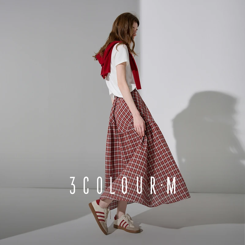三彩2025夏季新款格纹半身裙高腰松紧A字裙结构拼接长裙M