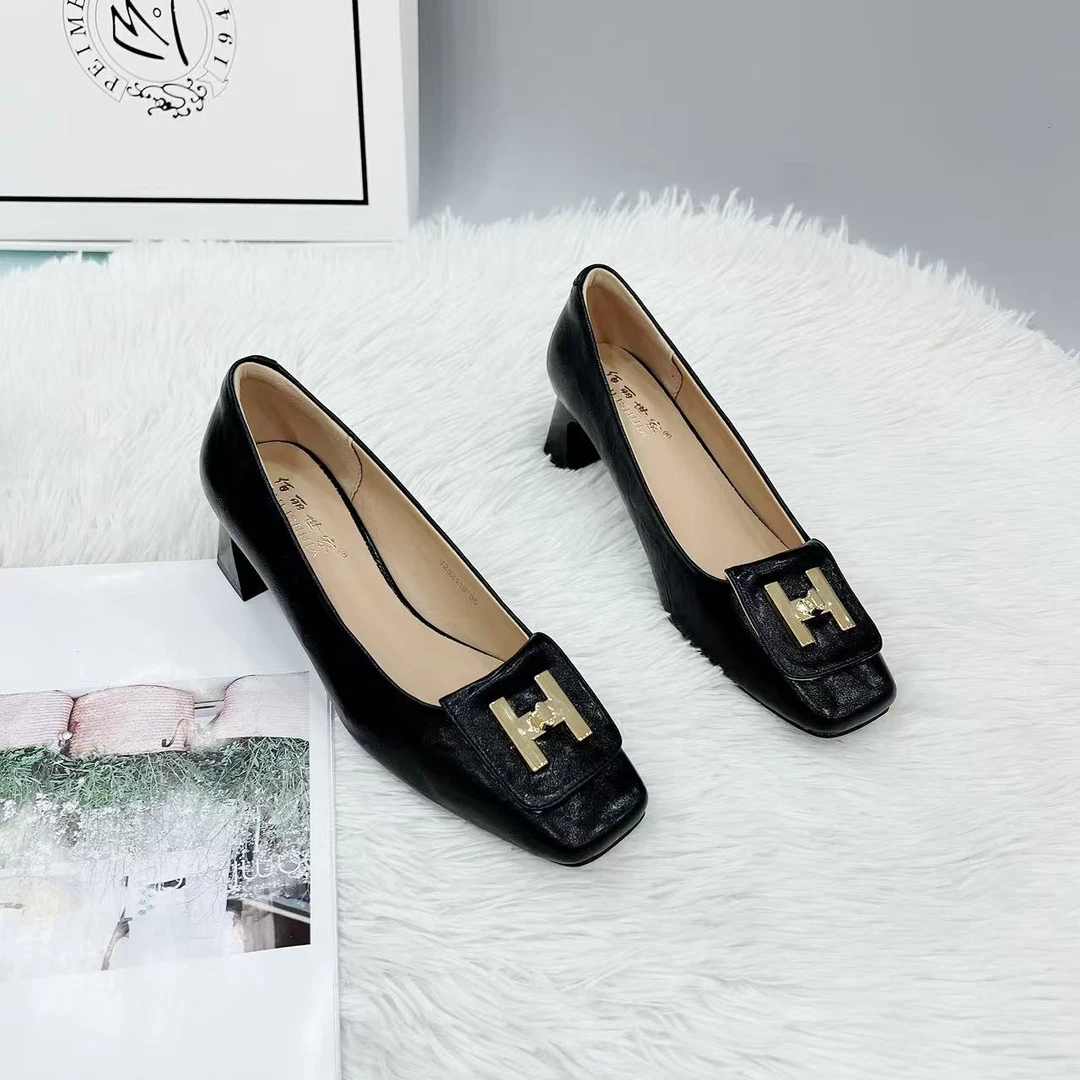 J252116 新款法式浅口高跟鞋女粗跟方头百搭单鞋