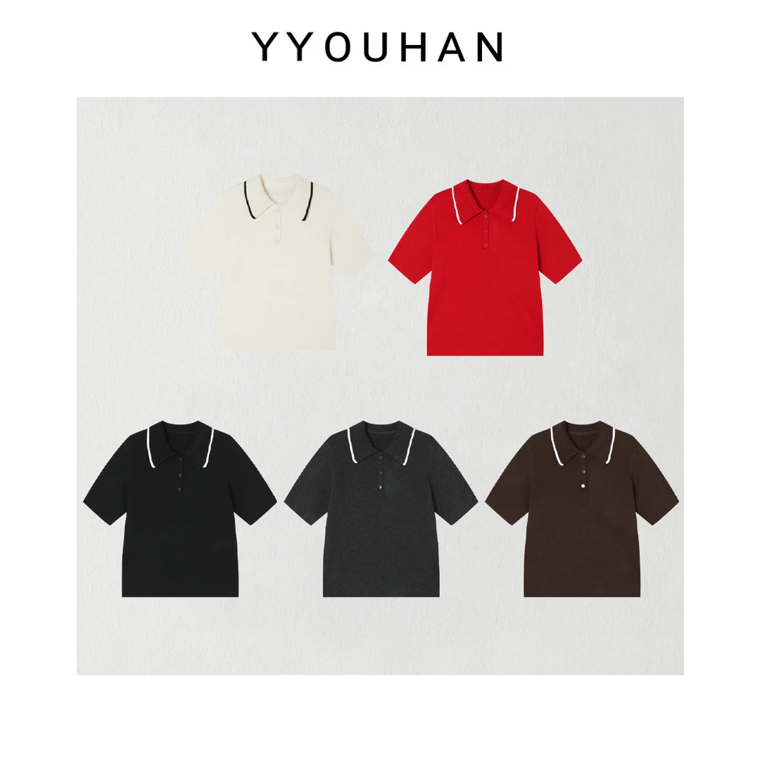 月月 2025新款小众设计翻领显瘦百搭针织短袖上衣 2512C9483