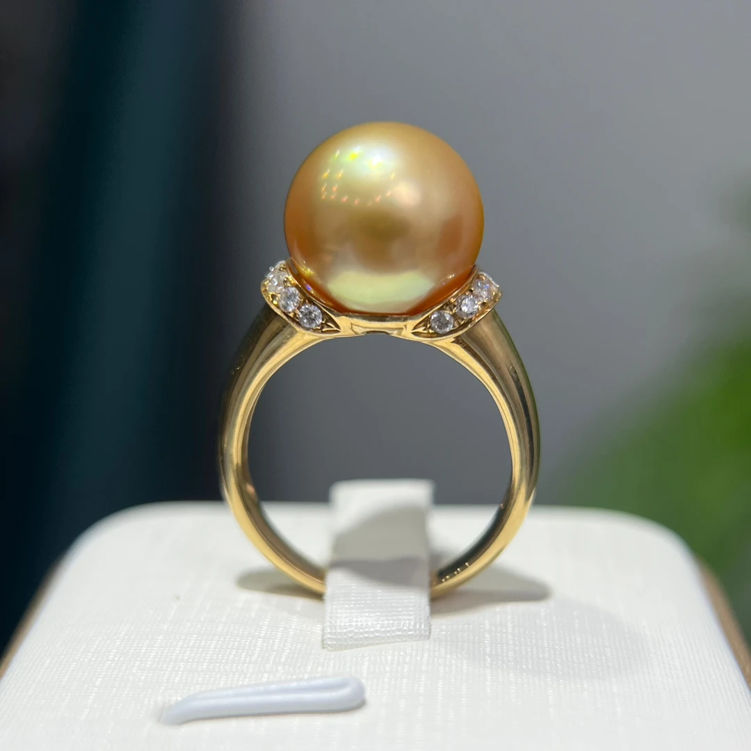 纯天然南洋金珠海水珍珠戒指18K金钻石镶嵌浓茶金强光简约