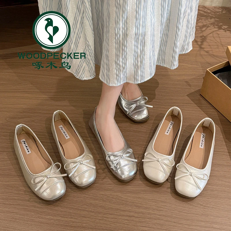 啄木鸟银色温柔平底浅口法式软底单鞋女2025春夏新款玛丽珍芭蕾鞋