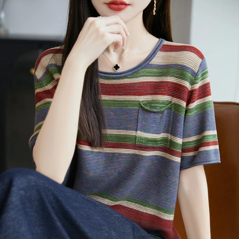 哥弟阿玛施正品夏季时尚短袖圆领针织T恤撞色条纹复古洋气上衣女