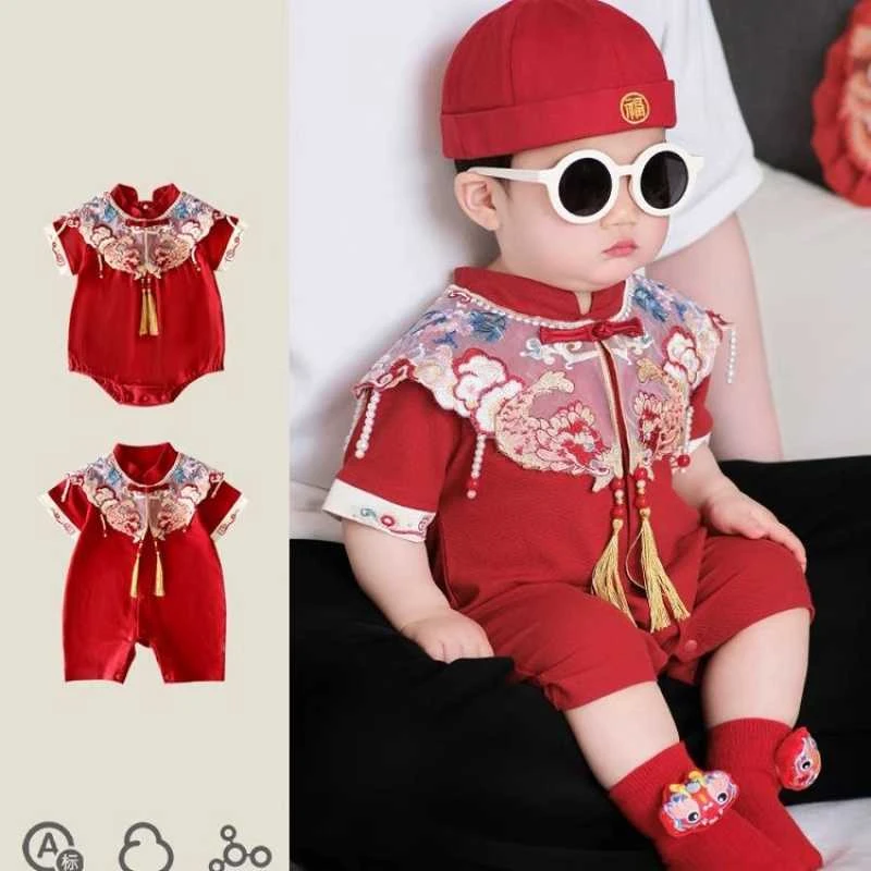 周岁红色宝宝爬服礼服夏季满月连体衣百天婴儿衣服抓周哈衣新中式