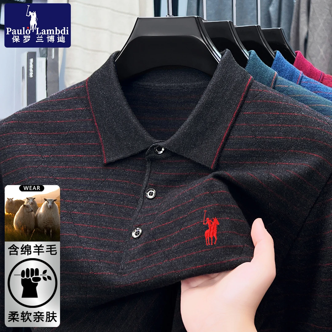 保罗秋冬季含绵羊毛针织Polo衫男士高档刺绣商务休闲保暖针织毛衫