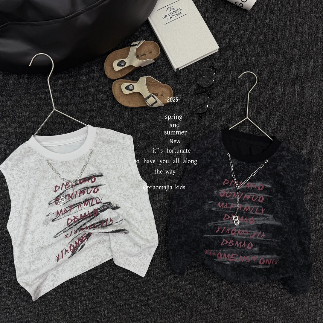 现货-儿童夏季无袖薄款潮酷背心D-5648欧若风穿搭宽松洋气上衣