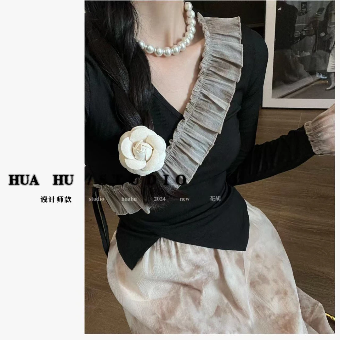 V领花边上衣高腰扎染半身裙两件套