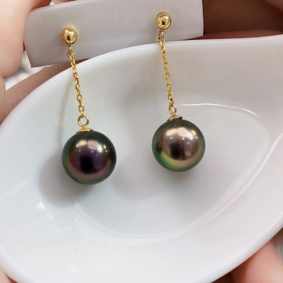 18K金镶嵌极光大溪地孔雀绿耳饰9.8mm海水珍珠