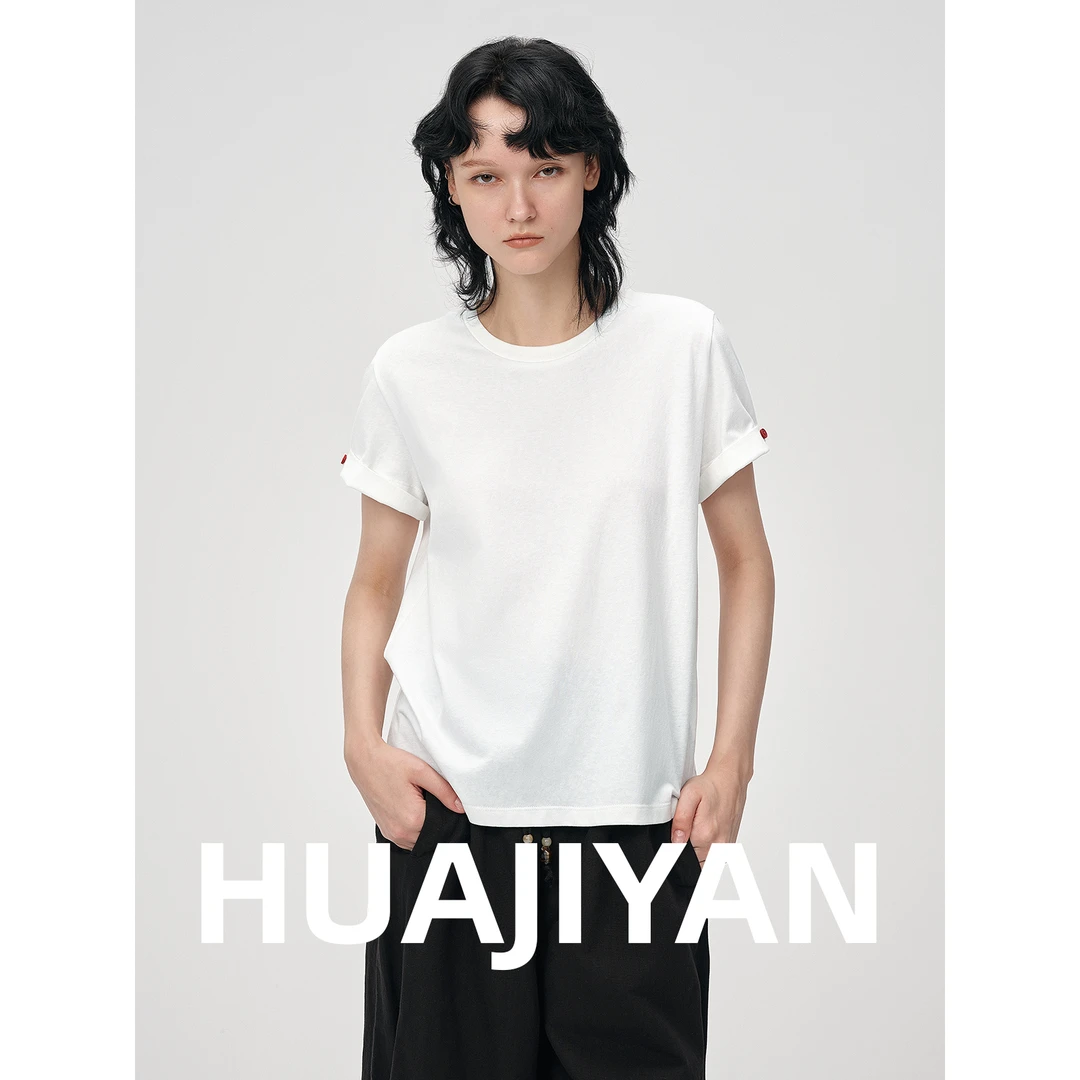 华吉言/HUAJIYAN【小红豆】定制面料纽扣翻折袖圆领短袖T恤