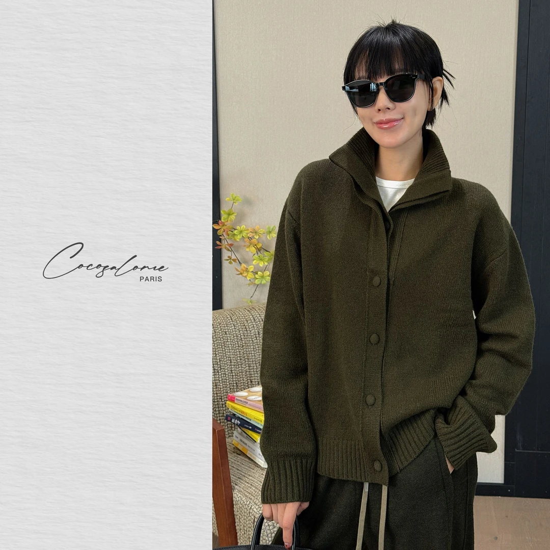 韩彬彬"双层领"100绵羊毛设计感双层领简约针织开衫毛衣2899-6