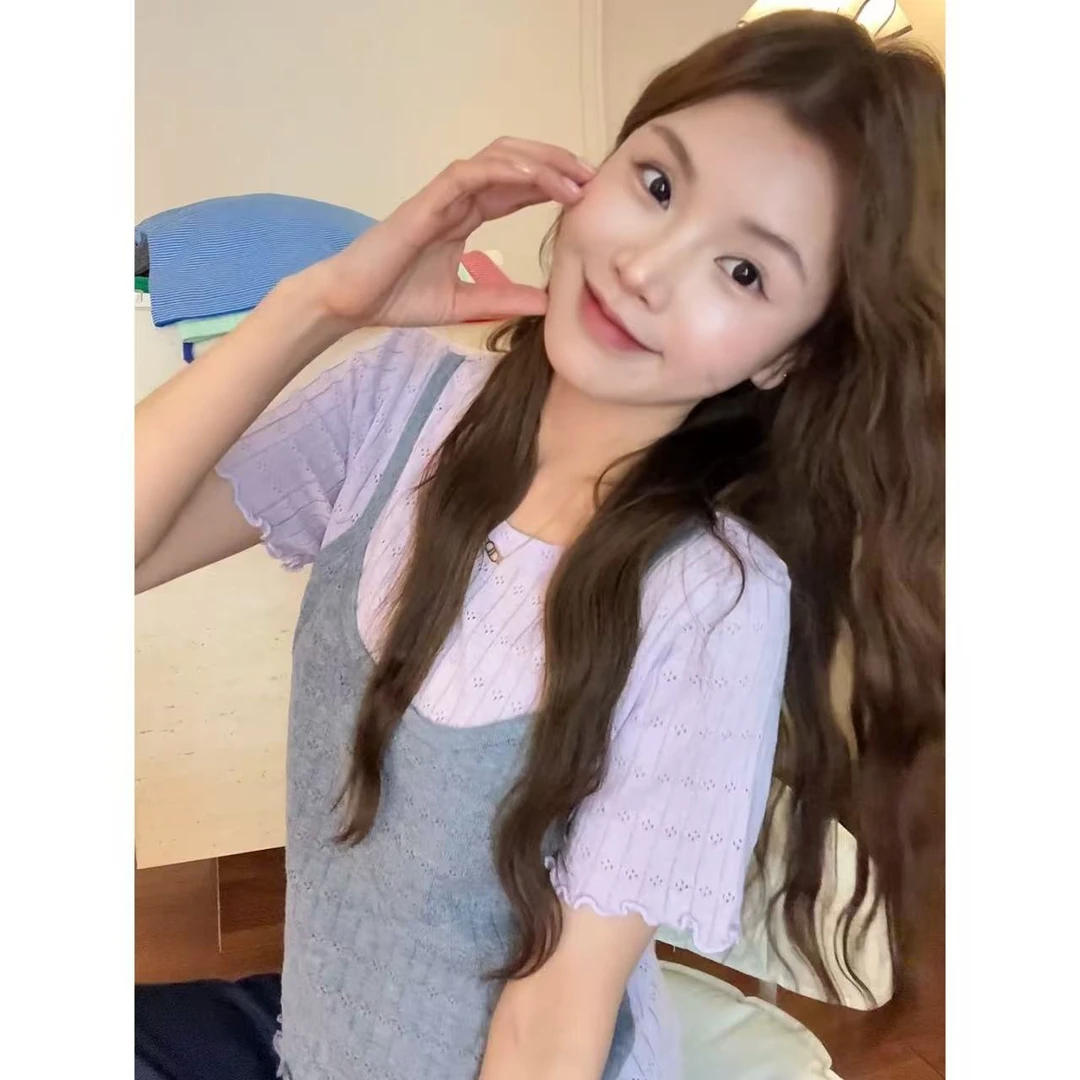 [青青推荐]夏季新品百搭设计款假两件撞色短袖毛针织衫女ins#3006