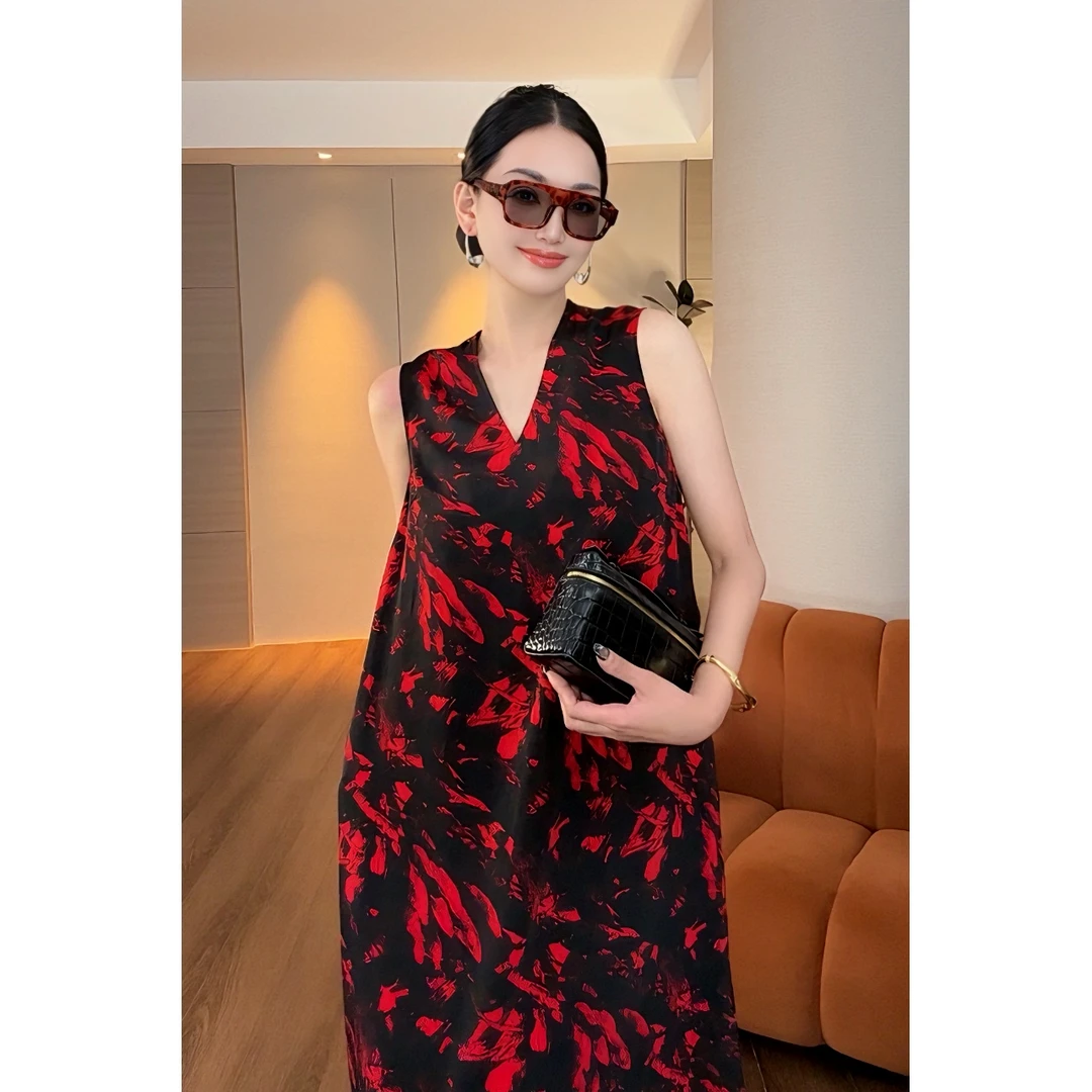 紫紫 烈焰裙  时尚显瘦红色印花轻奢中长款连衣裙女 ZD02LZYL138