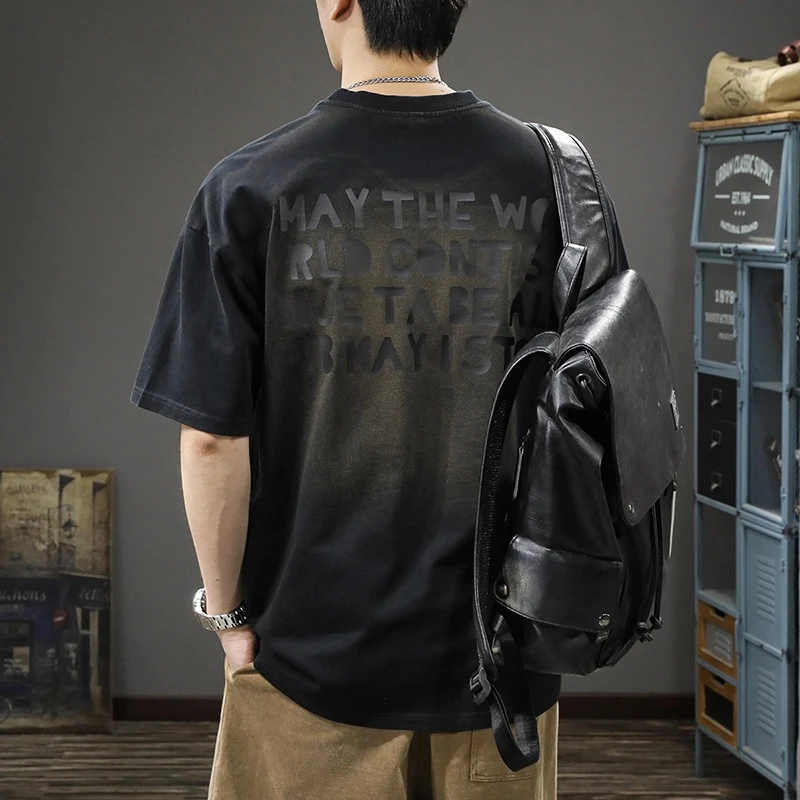 2025新款美式复古水洗短袖T恤男宽松圆领半袖夏季纯棉休闲体恤潮T