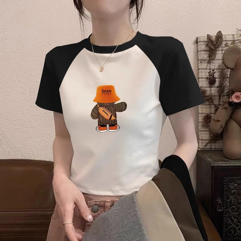 小众新款圆领修身显瘦短袖t恤夏季正肩通勤时尚卡通印花女装上衣