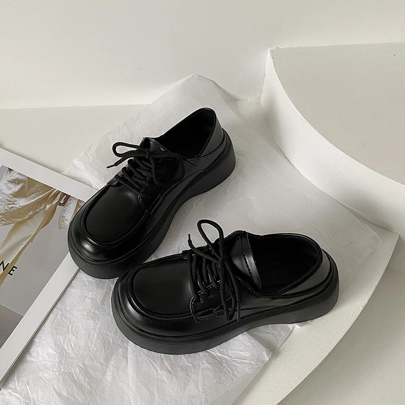 5公分英伦风系带小皮鞋女2025秋冬新款复古女鞋黑色厚底百搭单鞋