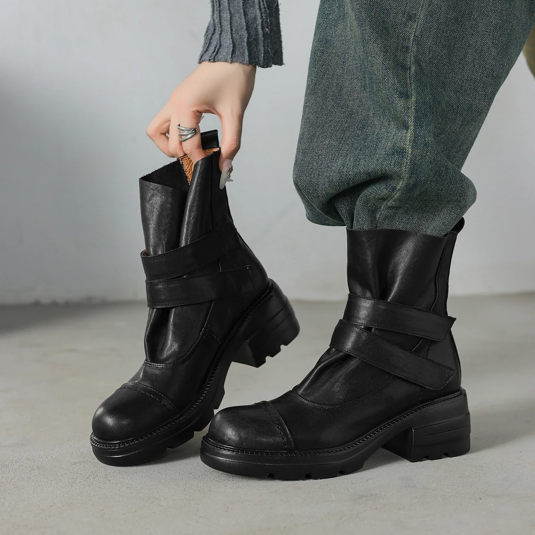 【6cm】低跟冬季马丁靴英伦风粗跟瘦瘦靴中筒圆头靴子1503