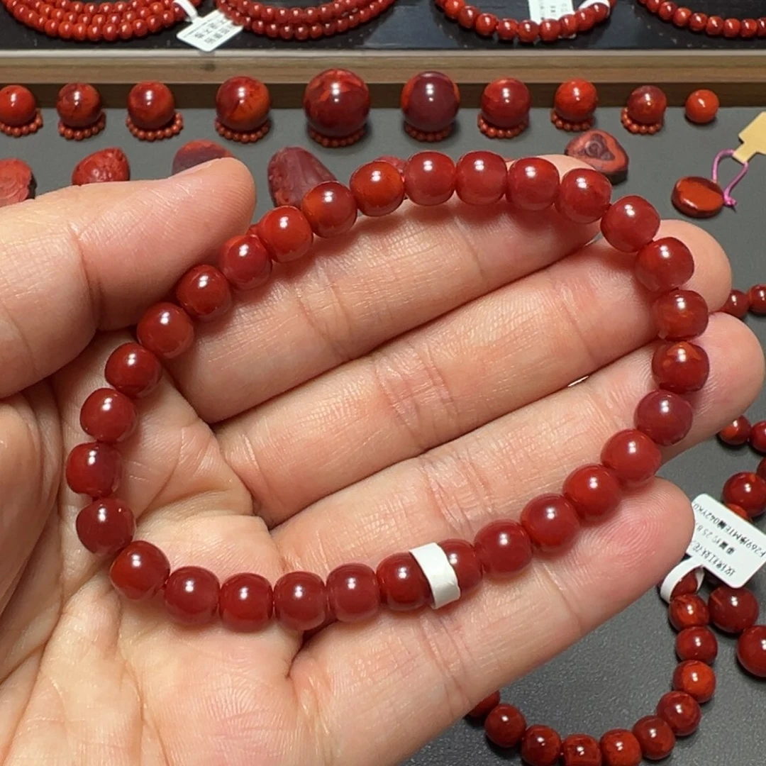 南红玛瑙未镶嵌手串玫锦红玉化性价比约6.5mm