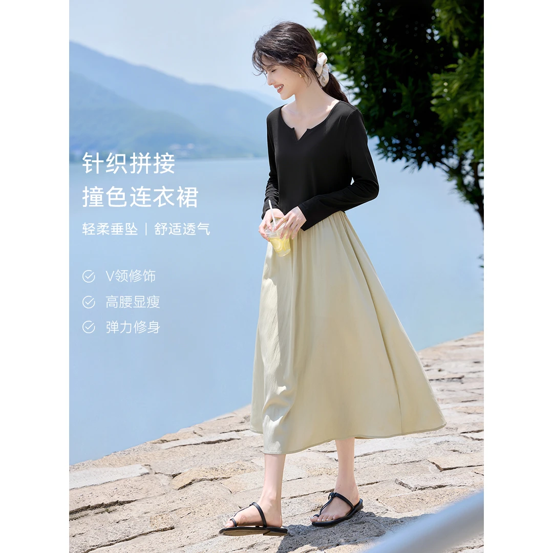 XWI/欣未【半岛美术馆】法式设计感针织拼接连衣裙8369