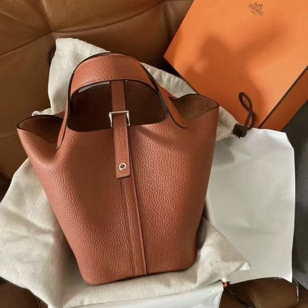 95新 Hermes/爱马仕 菜篮子18南瓜色银扣手提包/优品