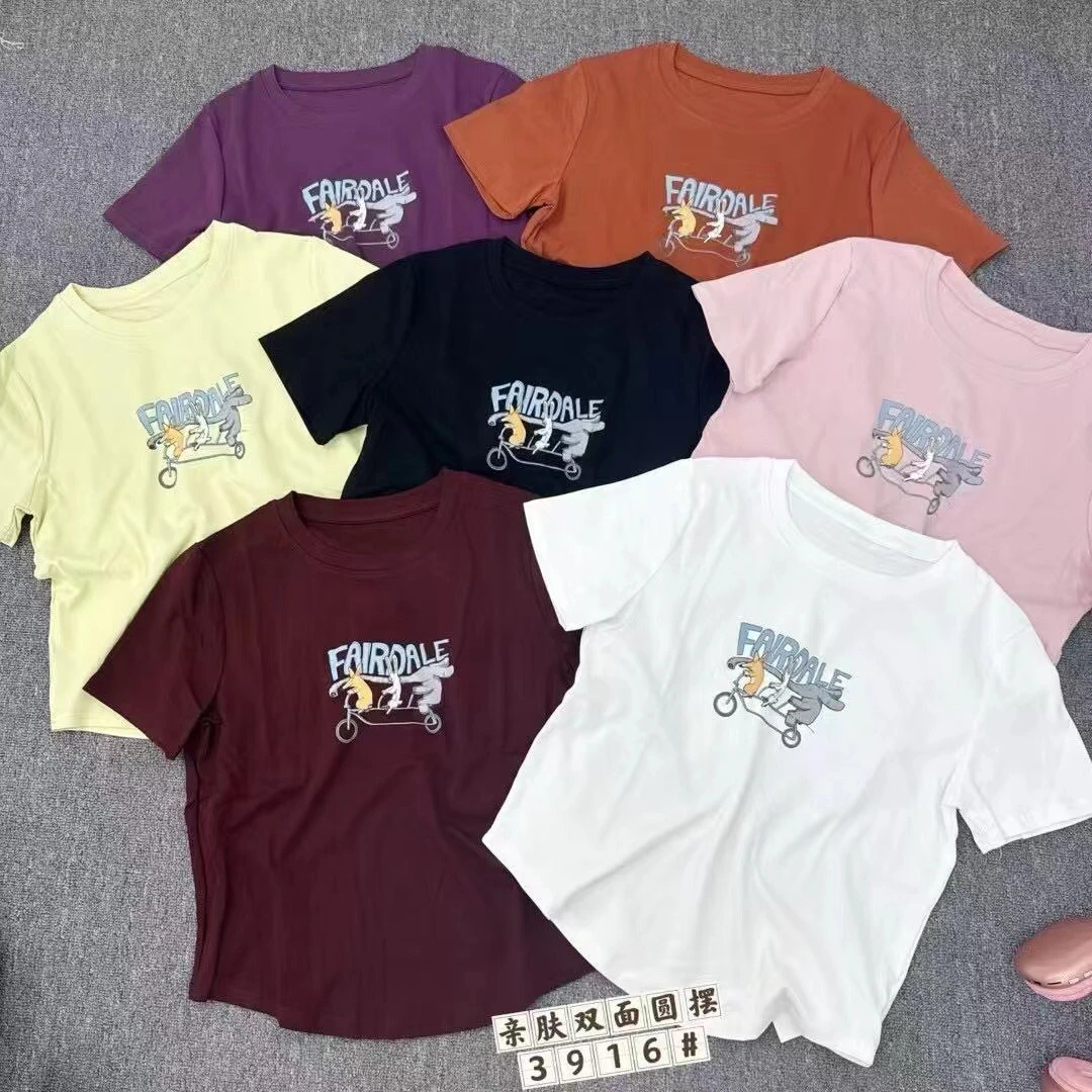 3916新款卡通印花短袖弧形下摆显瘦宽松百搭女T恤